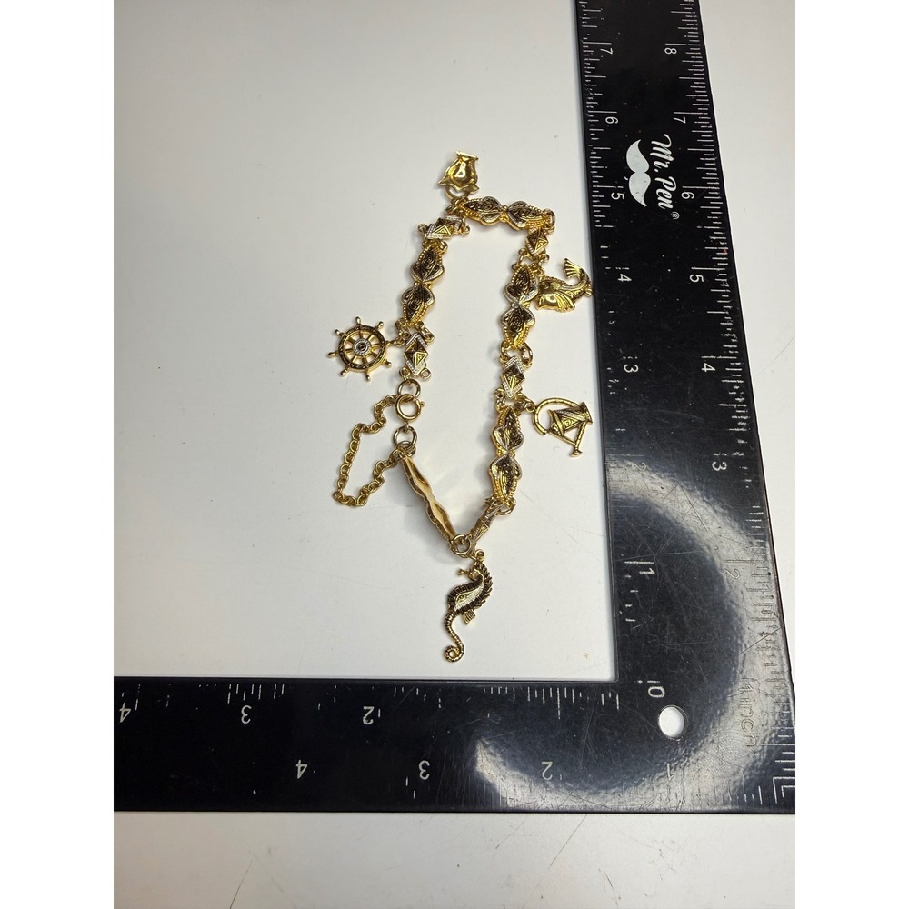 Damascene Nautical Seahorse Fish & Garden Watering Can Enamel Charm Bracelet